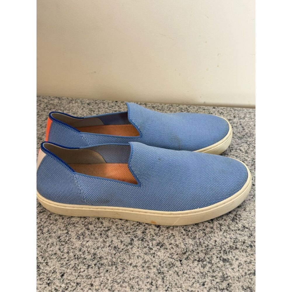 Rothy’s The Sneaker in Boardwalk Blue with Orange Stripe 9.5